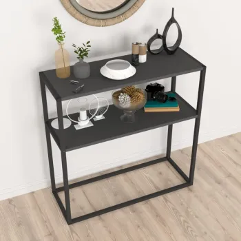 Masa consola decorativa cu 2 rafturi, 90x90x33,5 cm, efect stejar si cadru metalic imagine