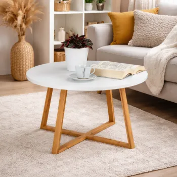 Masa de cafea rotunda 60 cm blat MDF picioare bambus design modern imagine