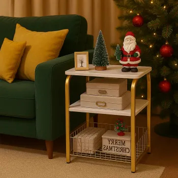 Masa Laterala Moderna 40x30x62 cm cu Cadru Auriu si Rafturi din Marmura Alba imagine