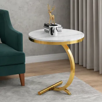 Masa laterala rotunda din otel inoxidabil auriu - stil nordic, model marmura alba 50 x60 cm imagine