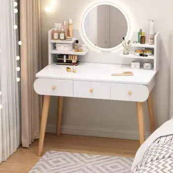 Masa toaleta cu oglinda LED tactila, cu rafturi si sertare - MDF + lemn masiv, alb/gri, 100x120x40 cm imagine