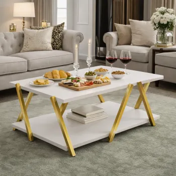 Masuta cafea moderna alba cu picioare metalice aurii 93.5x63.5x41 cm cu polita depozitare imagine