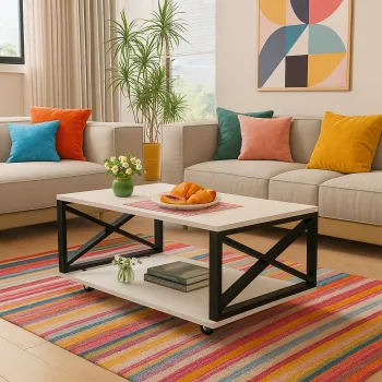 Masuta de cafea moderna, cu blat melaminat alb si cadru metalic, cu roti si spatiu de depozitare,  98 x 60 x 33.6 cm imagine