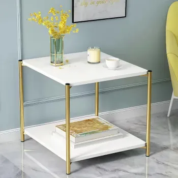 Masuta de cafea moderna cu blat tip marmura si cadru auriu, 2 nivele de depozitare 40x40x43 cm imagine