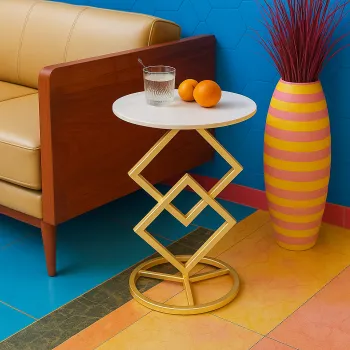 Masuta de cafea moderna cu blat tip marmura si cadru geometric metalic, design artistic, 40 x 58 cm imagine