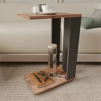 Masuta de cafea pe roti, masuta living 90 x 42 cm cu blocaj roti mobilitate in living, raft inferior pentru reviste sau telecomanda, PAL melaminat 18 mm bicolor Pin + Antracit, stil modern industrial imagine