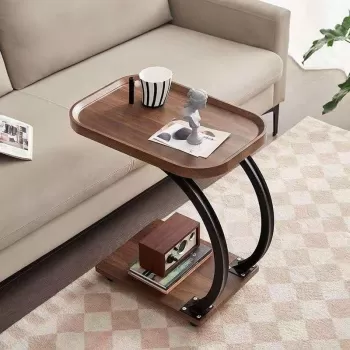 Masuta de cafea pentru living, design nordic in forma de C, cu 2 niveluri pe roti 52 x 34 x 60 cm imagine