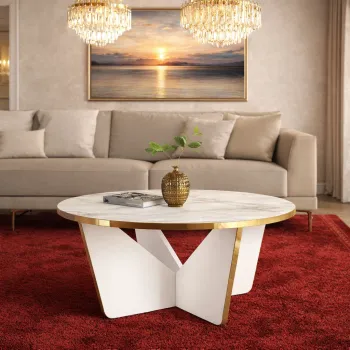 Masuta de cafea rotunda, blat tip marmura, cadru metalic auriu, design modern premium - 75x75x35 cm imagine