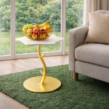 Masuta decorativa moderna, design petala, blat curbat, suport metalic auriu 45 x 50 CM imagine