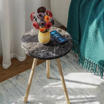 Masuta decorativa rotunda cu picioare din lemn, stil scandinav, 34x34x45 cm imagine