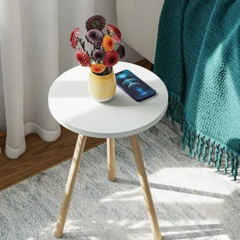 Masuta decorativa rotunda cu picioare din lemn, stil scandinav, 34x34x45 cm imagine