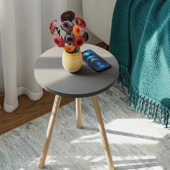 Masuta decorativa rotunda cu picioare din lemn, stil scandinav, 34x34x45 cm imagine