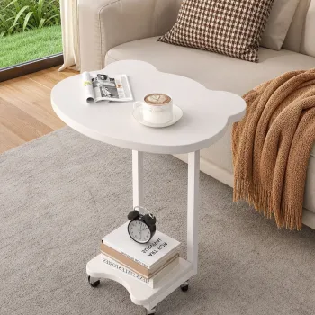 Masuta laterala tip C cu roti, alba, 2 niveluri, pentru canapea, pat, living sau birou, 45 x 35 x 60 cm imagine
