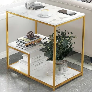 Masuta moderna cu blat tip marmura si cadru metalic  auriu - 3 nivele de depozitare 60 x 40 x 68 cm imagine