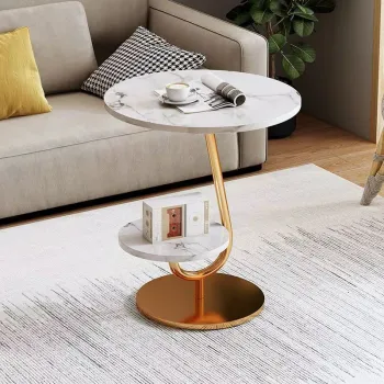 Masuta moderna cu blat tip marmura si raft inferior, cadru metalic auriu, design elegant 45 x 60 cm imagine