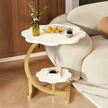 Masuta moderna cu doua rafturi in forma de floare, blat 40 cm si cadru metalic auriu, design elegant 60 cm inaltime imagine