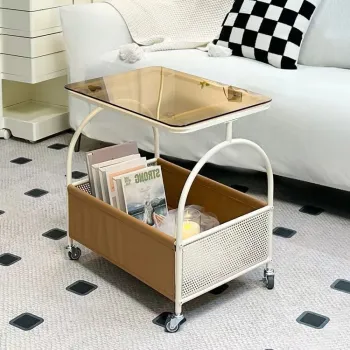 Masuta portabila cu compartiment pentru depozitare, blat din sticla, cadru metalic, 53 x 55 x 36 cm, imagine