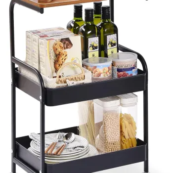 Masuta portabila petru cafea, otel carbon, 2 polite si cu o masa de lucru, 79 x 43 x 30 cm imagine