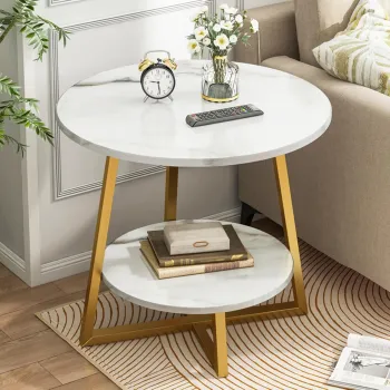 Masuta rotunda 2 niveluri cu blat tip marmura si picioare metalice incrucisate, design modern 50 X 57 CM imagine