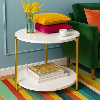 Masuta rotunda cu blat tip marmura si raft pentru depozitare, picioare aurii, design modern 40 x 40 x 43 cm - Alb imagine