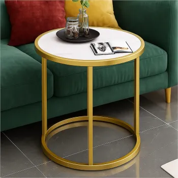 Masuta rotunda eleganta cu blat tip marmura si cadru metalic auriu, design modern pentru living 40 x 40 x 45 cm imagine