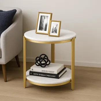 Masuta rotunda pe 2 nivele, blat tip piatra, cadru metalic auriu, design elegant, 60x30 cm imagine