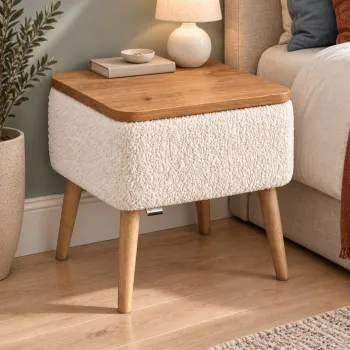 Noptiera cu Depozitare Boucle Alb 45x35x45cm Blat aspect Lemn Natural Picioare Lemn, colectie Teddy imagine
