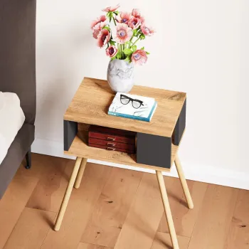 Noptiera cu picioare din lemn si raft deschis, 44 x 29 x 18 cm, stil scandinav modern imagine