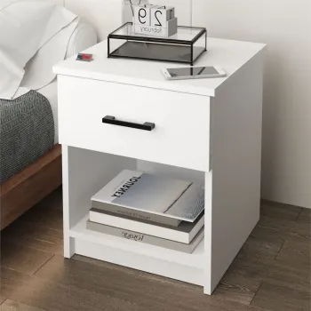 Noptiera cu sertar clasica, noptiera dormitor 40 x 45 cm, 1 sertar + 1 raft deschis, PAL melaminat 18 mm clasa E1 rezistent, design curat asamblare rapida 15 minute, stil modern minimalist scandinav imagine