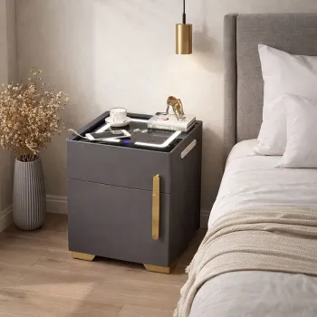 Noptiera cu statie de incarcare, seif ascuns si iluminare LED reglabila 3 culori pentru dormitor si living imagine