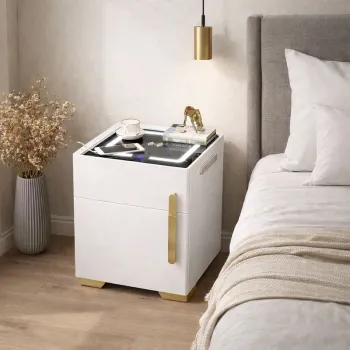 Noptiera cu statie de incarcare, seif ascuns si iluminare LED reglabila 3 culori pentru dormitor si living imagine
