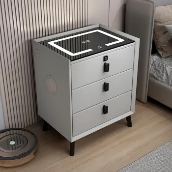 Noptiera inteligenta cu incarcare wireless, iluminare LED, 3 sertare, port USB si port Type-C, difuzor Bluetooth si inchidere prin amprenta - culoare portocalie, design modern din sticla si lemn imagine