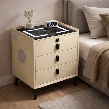 Noptiera inteligenta cu incarcare wireless, iluminare LED, 3 sertare, port USB si port Type-C, difuzor Bluetooth si inchidere prin amprenta - culoare portocalie, design modern din sticla si lemn imagine