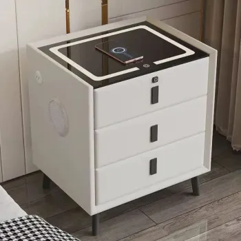 Noptiera inteligenta cu incarcare wireless, iluminare LED, 3 sertare, port USB si port Type-C, difuzor Bluetooth si inchidere prin amprenta - culoare portocalie, design modern din sticla si lemn imagine