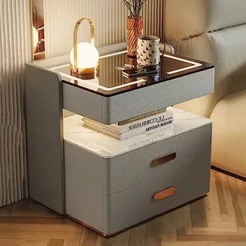 Noptiera inteligenta cu incarcare wireless, lumini LED reglabile, 3 sertare de depozitare, 50x40x56cm imagine