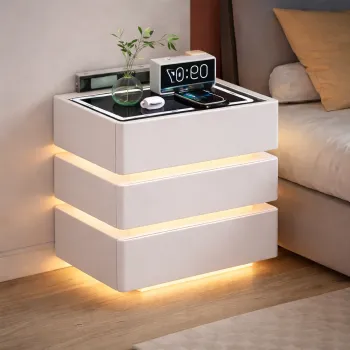 Noptiera inteligenta multifunctionala cu 3 sertare, LED tactil 3 culori, incarcare wireless, difuzor Bluetooth, incarcare USB, blat din sticla securizata, imagine