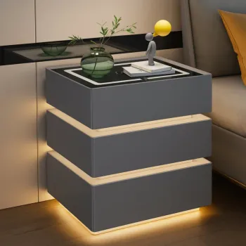 Noptiera inteligenta multifunctionala cu 3 sertare, LED tactil 3 culori, incarcare wireless, difuzor Bluetooth, incarcare USB, blat din sticla securizata, imagine