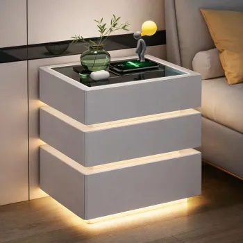 Noptiera inteligenta multifunctionala cu 3 sertare, LED tactil 3 culori, incarcare wireless, difuzor Bluetooth, incarcare USB, blat din sticla securizata, imagine