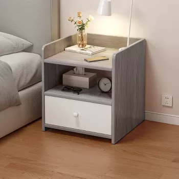 Noptiera PAL minimalista cu sertar si raft, 40x32x26cm, alb/gri imagine