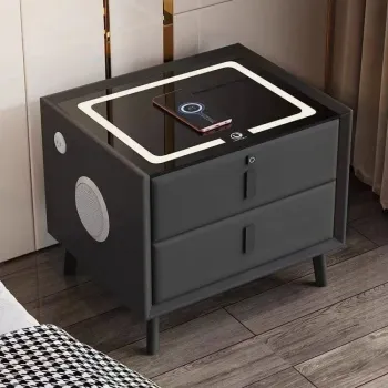 Noptiera SMART Multifunctionala, iluminare LED tactil cu 3 culori, incarcare wireless si USB, difuzor Bluetooth, 2 sertare imagine