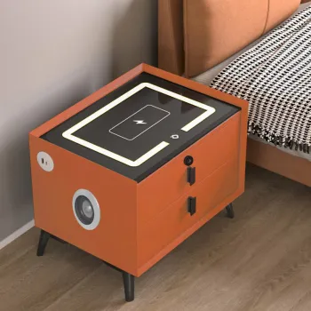 Noptiera Smart Multifunctionala, iluminare LED tactil cu 3 culori, incarcare wireless si USB, difuzor Bluetooth, 2 sertare imagine