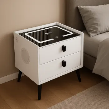 Noptiera SMART Multifunctionala, iluminare LED tactil cu 3 culori, incarcare wireless si USB, difuzor Bluetooth, 2 sertare imagine