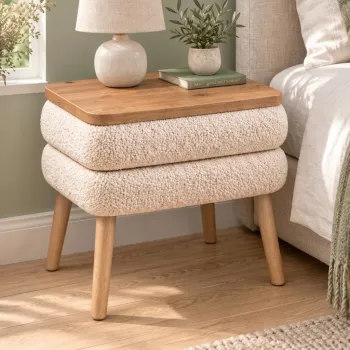 NOYA Noptiera Tapitata Crem 50x45x45cm Design Scandinav Picioare Conice, colectie Teddy imagine