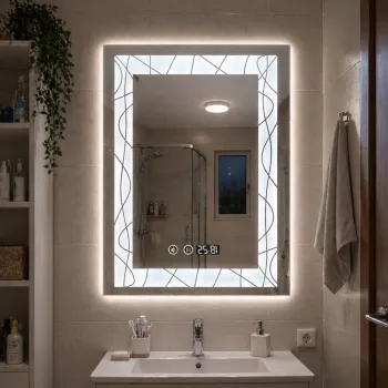 Oglinda LED 60X80 cm cu margini decorative, iluminare ambientala, touch si ceas digital imagine