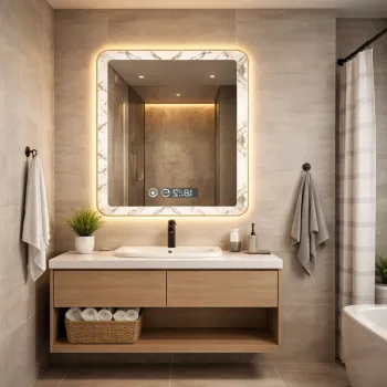 Oglinda LED, 80x60 cm, rama aspect marmura, iluminare calda, touch, dezaburire, ceas digital imagine