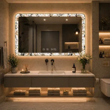 Oglinda LED 90x70 cu Model Decorativ pe Margini Iluminare Ambientala Touch Dezaburire si Ceas Digital imagine