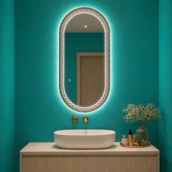 Oglinda LED Premium 120x70 cm Ovala Iluminare Ambientala 3 Culori Touch Design Elegant cu Model Decorativ imagine