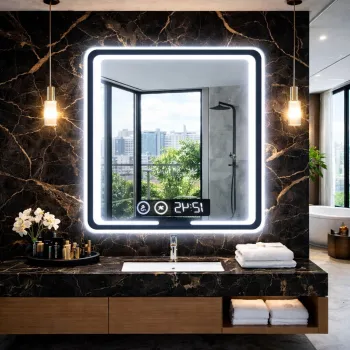 Oglinda led premium 80x60, cu touch, ceas, dezaburire si lumina reglabila imagine