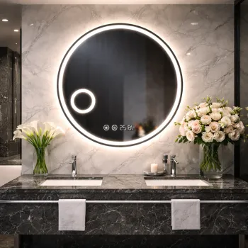 Oglinda LED Rotunda 70 cm cu Ceas, Dezaburire si Lupa Cosmetica imagine