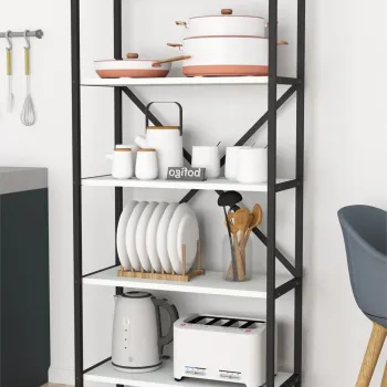 Organizator bucatarie cu 5 rafturi metalice, raft bucatarie 50 x 150 cm pentru oale tocatoare condimente sau microunde, cadru metalic vopsit anti-coroziune, stabilitate maxima, stil industrial modern imagine